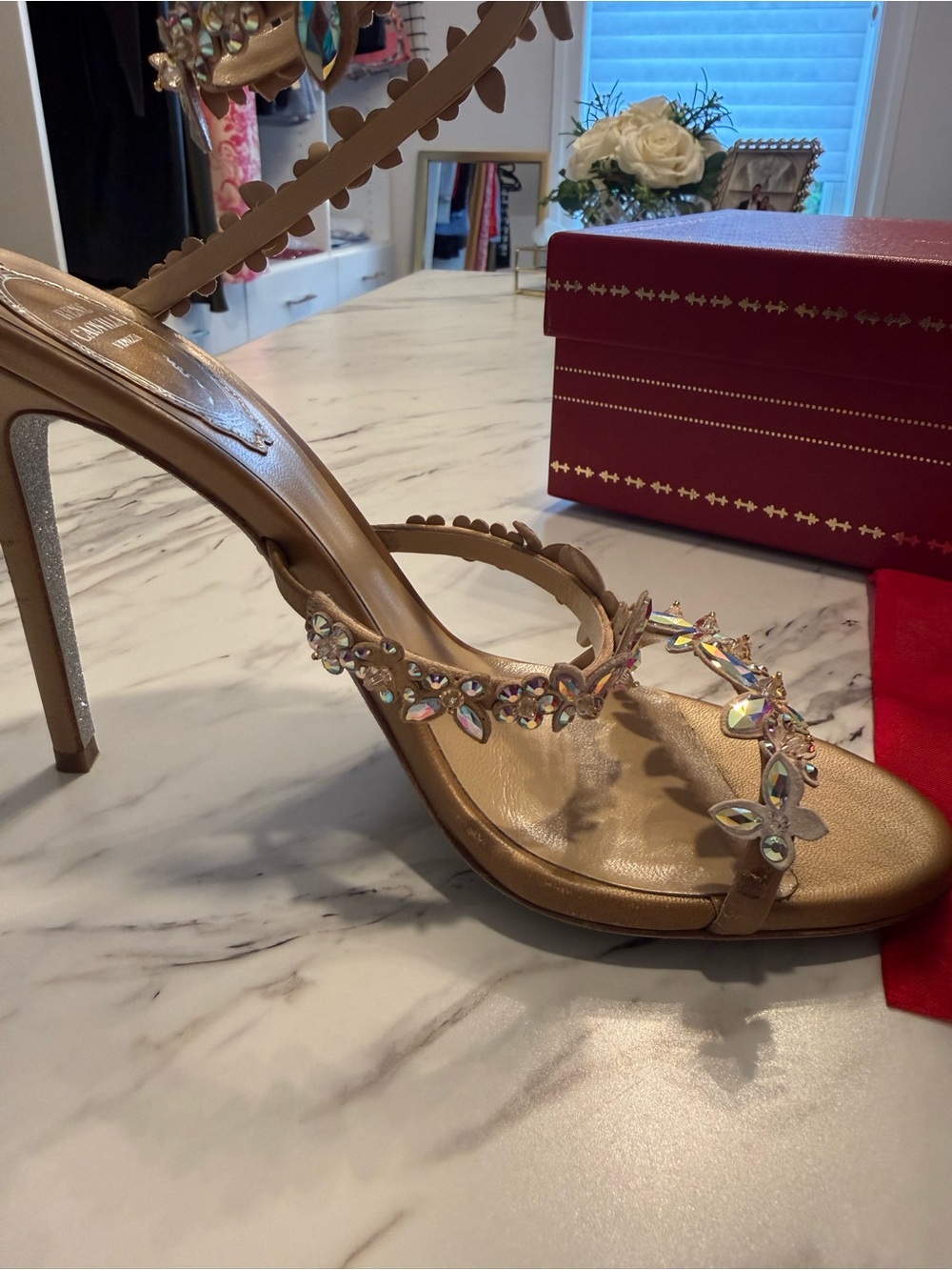 Rene Caovilla Eden Nude Sandal 105 Crystal Embellished Ankle Wrap - Picture 11 of 16